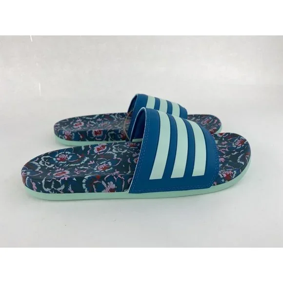 Adidas Adilette Comfort Blue Floral Women's Slides Teal Uncommon Colorway - Picture 6 of 10